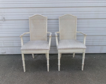 Set 2 Captain Chairs Faux Bamboo Dining w Arms Thomasville Allegro or Dixie Aloha Palm Beach Cane Wicker Hollywood Regency Cottage Pair Boho