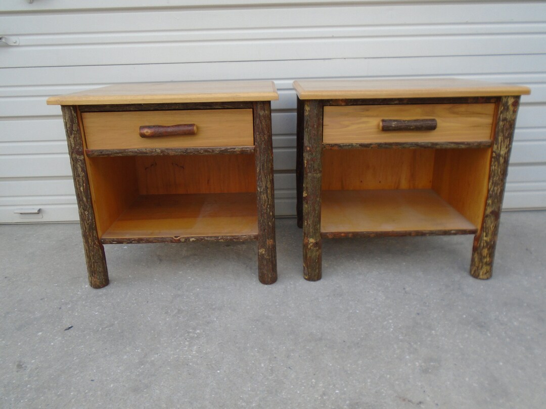 Pair Nightstands Tree Log Branch Stump Ski Lodge Rustic 2 Cabin Aspen