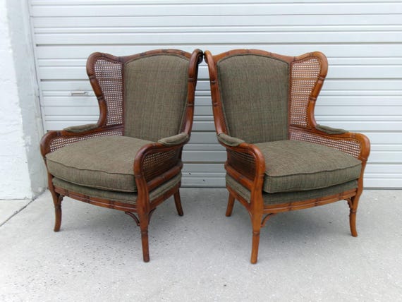 Set 2 Fretwork Faux Bamboo Lounge Chairs Ethan Allen Wingback West Indies Club Hollywood Regency Cane Wicker Palm Beach Chippendale Pair