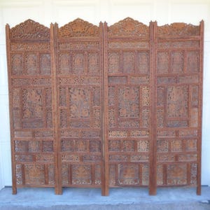 Moroccan Screen Room Divider Indian Carved Wood Partition Folding Asian 4 Panels Floor Faux Wall Boho Africa Cottage Exotic Arabia Persia