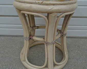 Cool Small Bamboo Ottoman Rattan Foot Stool footrest Tropical Cottage Round Vanity Seat Hollywood Regency Palm Beach Tropical foot stool