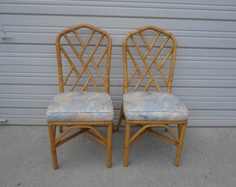 Fretwork Pair Dining Side Chairs Bamboo Arched Asian 2 Palm Beach Hollywood Regency Boho Chinese Chippendale Two curved Rattan Glam Two