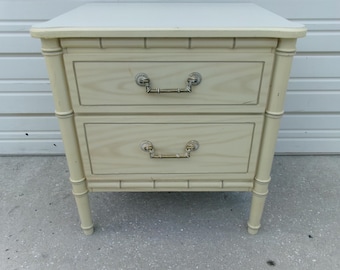 Faux Bamboo Nightstand Fake Henry Link Bali Hai Regency Cottage Coastal Tropical Shabby Bed Table Boho REPRODUCTION Mid Century MCM ivory