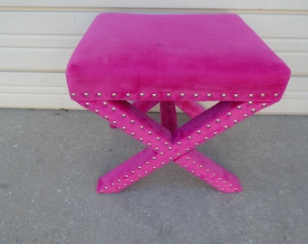 PINK Square Bench X Upholstered Vanity Stool Chair Seat Hollywood Regency Dorothy Draper or Milo Baughman STY Palm Beach Nail Tack Boho