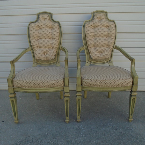 Century Set 2 French Dining Chairs Captain Arms Country Italian Provincial Hollywood Regency Louis XVI Chippendale Cottage Cane Wicker Pair