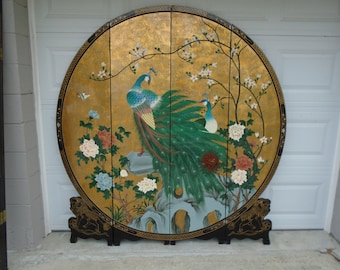 Asian Screen Room Divider Peacock Birds Food Dogs Japanese Gold Chinoiserie Folding 4 Panels Oriental Chinese Chippendale Coromandel Round
