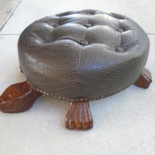 Vintage Croco Leather Sea Turtle Footstool Ottoman Tortoise Shell Footrest Regency Boho Tropical Coastal Island Florida Beach Marine Pouf