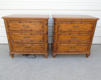 Pair Faux Bamboo Bachelor chests 3 drawers Dressers large Nightstands Regency Beach Cottage Coastal West East Indies 2 Magnussen Palm Bay