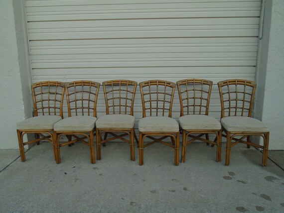 Vintage Set 6 Bamboo Chairs Trellis Hollywood Regency Rattan Etsy