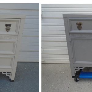 Set 2 Fretwork Asian Bachelor Chests of 3 drawer Dressers Regency Dixie Shangri la Chippendale Mandarin Nightstands Pair Cabinets Far East