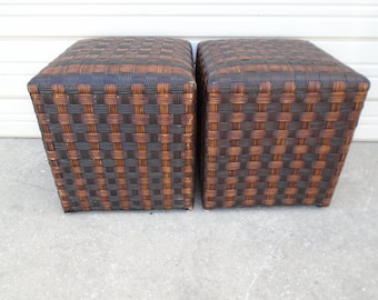 Pair Vanity stools Benches Bench set 2 Tropical Regency Pier 1 for Console Table Boho Regency West East Indies Bamboo Rattan Seats Chairs