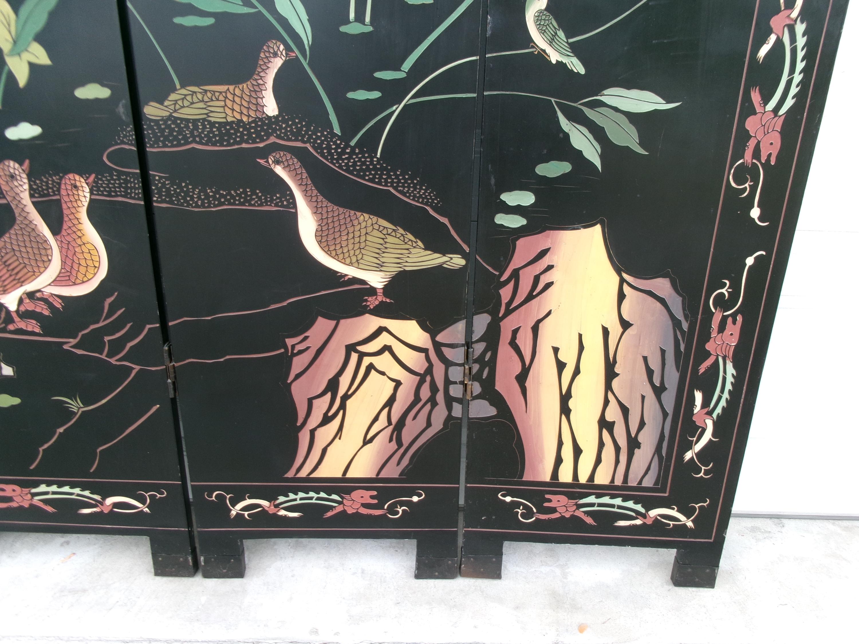 Asian Screen Room Divider Birds Ducks Goose Lotus Japanese Chinoiserie ...