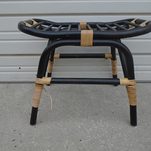 Rattan Saddle Vanity Stool Seat Bench Bamboo Chair Palm Beach West Indies Regency Boho Cottage Coastal British Colonial Black Burnt