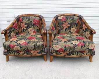 TLC Set 2 Faux Bamboo lounge Chairs Schnadig Wide Burnt British Colonial Key West Indies Island Club Regency Tropical Regency Bahama Pair
