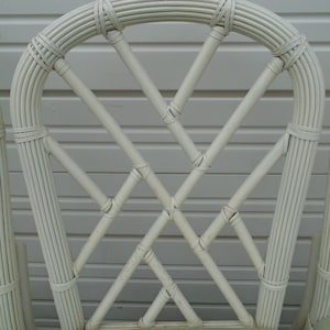 Fretwork Set 4 pencil Bamboo Chairs Dining Chinoiserie Regency Rattan Beach Cottage Boho Four Tropical Chinese Chippendale Set Cottage Reed