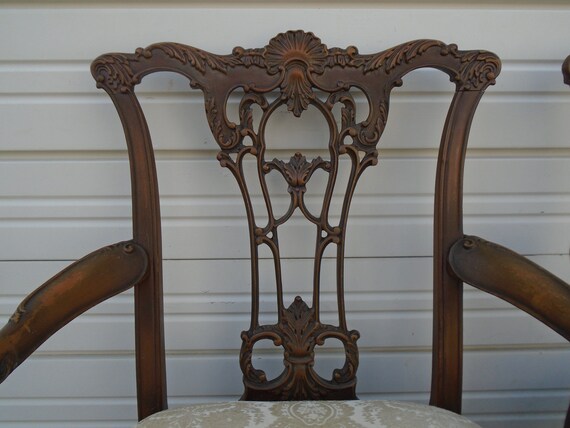 Pair French Dining Chairs Carved Ornate Chippendale Fleur De Lis