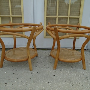 Pair Bamboo End Tables Round Cane Rattan Side Hollywood Regency Tropical Coastal 2 Cottage Shabby Chic  Boho MCM Two Circle wicker coastal
