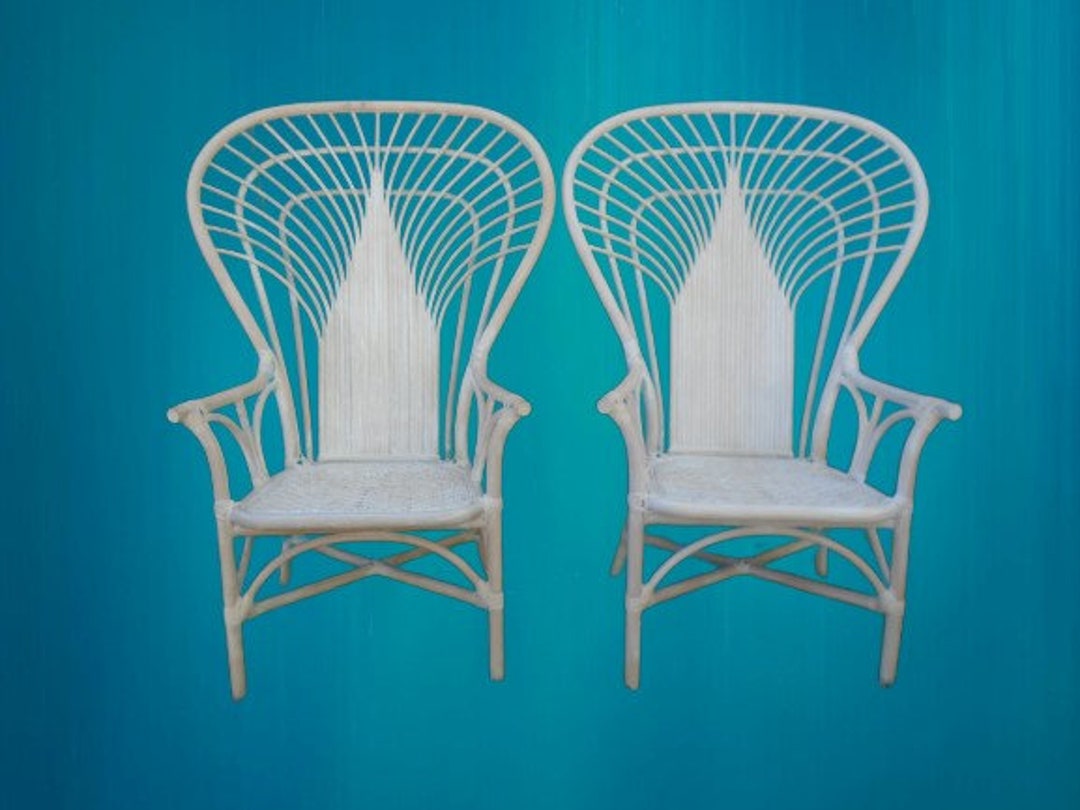 Rare Set 2 Bamboo Peacock Chairs Art Deco Rattan Split Reed Hollywood