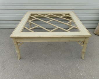 Large Square Fretwork Faux Bamboo Coffee Table Regency Thomasville Allegro or Dixie Aloha Palm Beach Chinese Chippendale Chinoiserie Asian