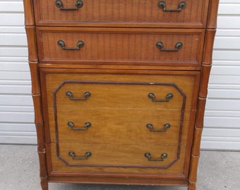 TLC Faux Bamboo Chest of Drawers Highboy Broyhill Tall dresser Regency Palm Beach Cottage Coastal Tropical Boho British Colonial West Indies
