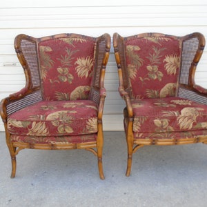 Set 2 Faux Bamboo Lounge Chairs Similar Ethan Allen Wingback Ears Club Hollywood Regency Cane Wicker Fretwork Chippendale Pair Boho Glam