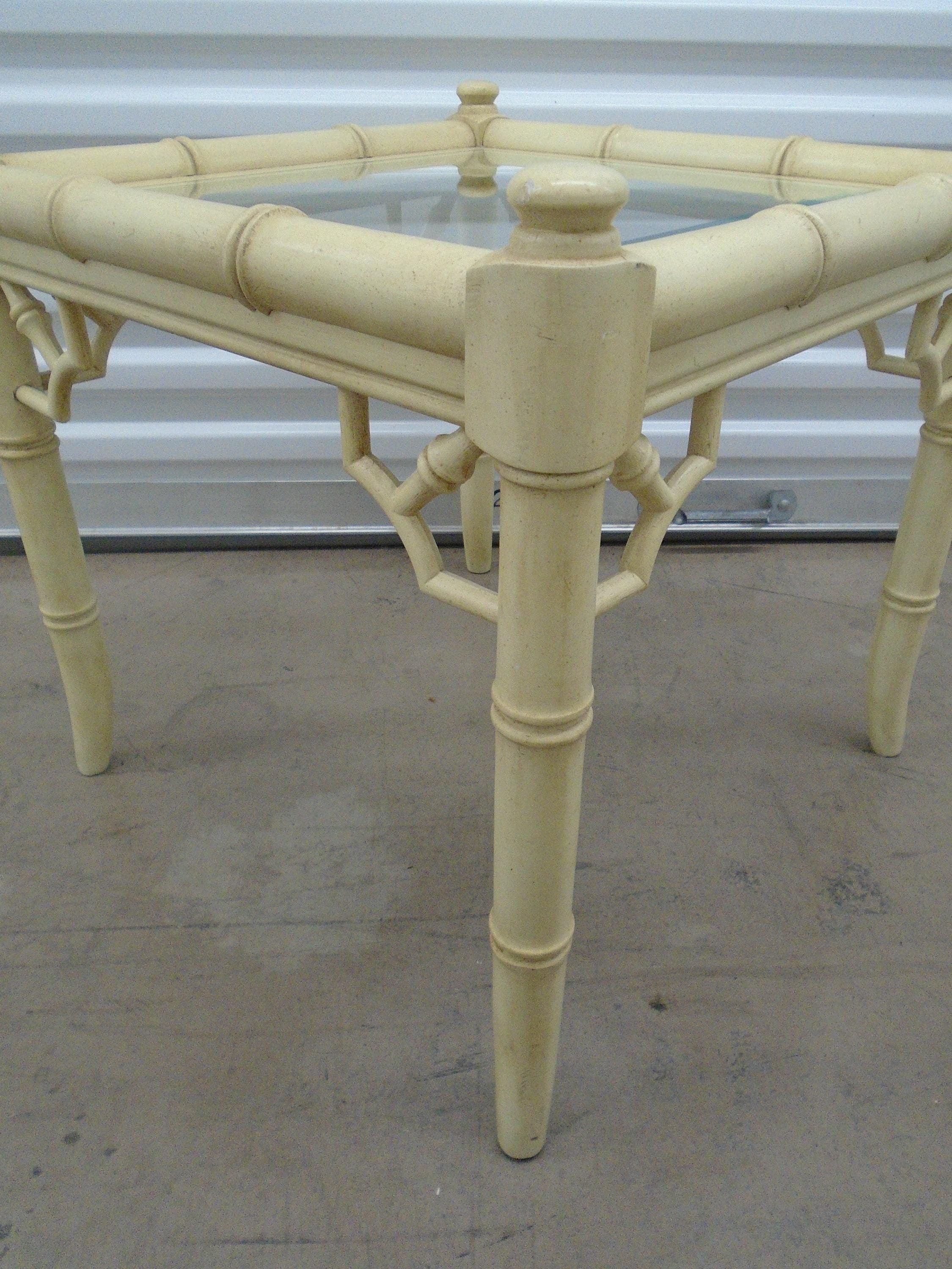 1 Fretwork Faux Bamboo Thomasville Allegro side Table End Hollywood Regency Palm Beach Cottage Boho Chinese Chippendale Asian Square