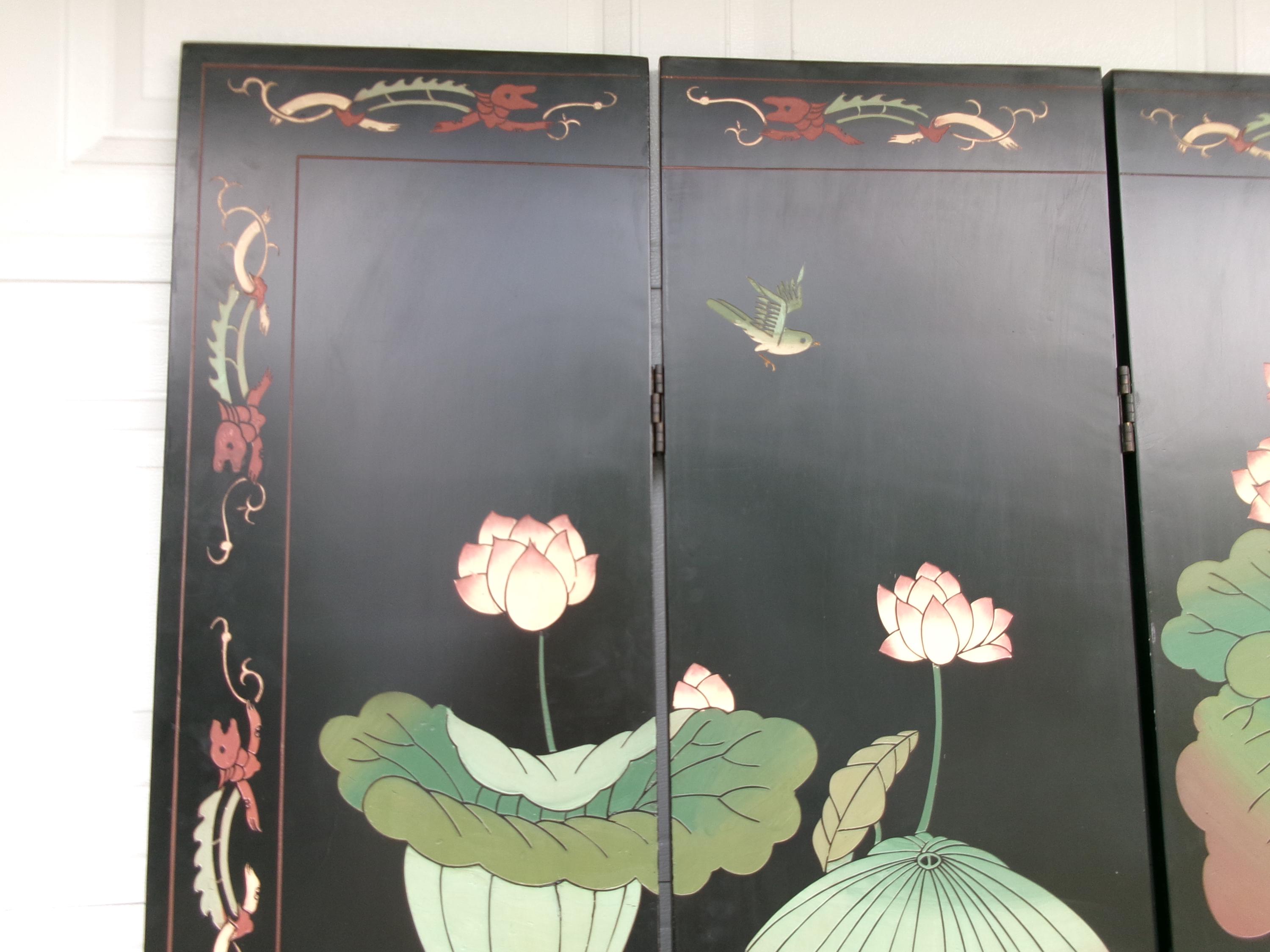 Asian Screen Room Divider Birds Ducks Goose Lotus Japanese Chinoiserie ...