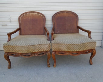 Havertys Pair Wide lounge Chairs French Bergere Club Cane Weave Country Regency Louis XVII 2 Medallion Two Braided Carved Interlaced Lace