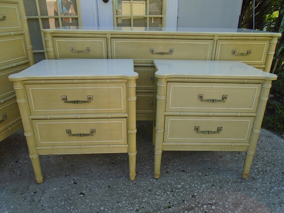 4 Pce Faux Bamboo Henry Link Size Bedroom Set Dresser Pair Nightstands Hollywood Regency Palm Beach Suite Pces Bali Hai Sage Green Boho