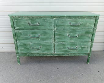 Faux Bamboo Double Dresser Bureau Credenza Hollywood Regency Cottage Reprod Henry Link Bali Hai FAKE 6 drawers Glam Baby Changing Table Boho