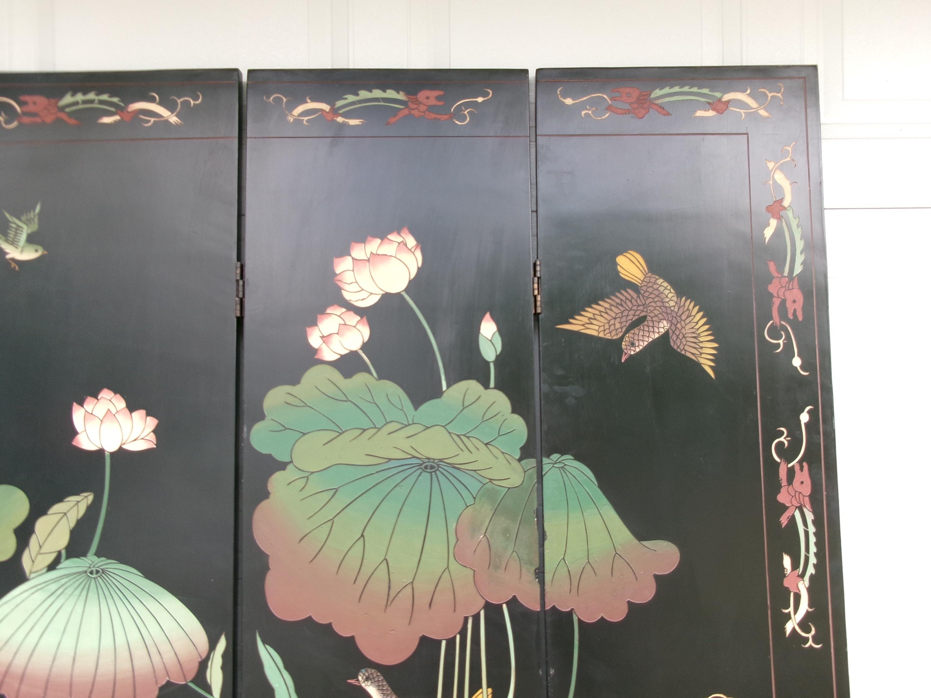 Asian Screen Room Divider Birds Ducks Goose Lotus Japanese Chinoiserie ...