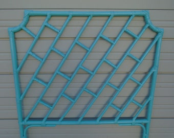 Fretwork Bamboo Headboard Twin Size Rattan Palm Beach Hollywood Regency Boho Chinese Chippendale Blue Aqua Cottage Coastal