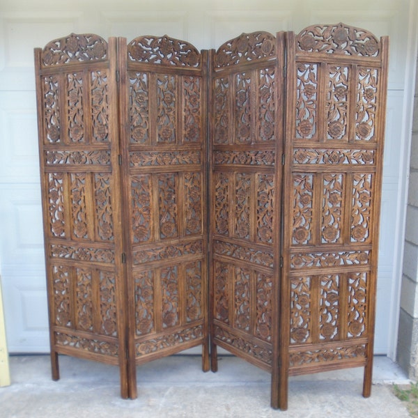 Moroccan Screen Room Divider Indian Carved Wood Partition Folding Asian 4 Panels Floor Faux Wall Boho Farmhouse Cottage Exotic Arabia Persia