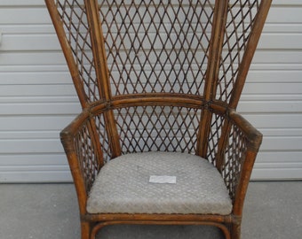 Tall Bamboo Chair Balloon Trellis Fretwork West Indies Rattan Clam Hollywood Regency Beach Fan Cottage Coastal Wicker Wingback Island Boho
