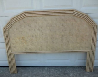 Queen size Headboard Faux Bamboo Flat Rattan Hollywood Regency Woven Boho Cottage Wicker Palm Beach Coastal Tropical nautical Keys