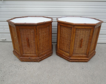 Set 2 Faux Bamboo Nightstands Cabinets Side End Tables Doors Pair West Indies British Colonial Regency Cane American Martinsville Octagonal