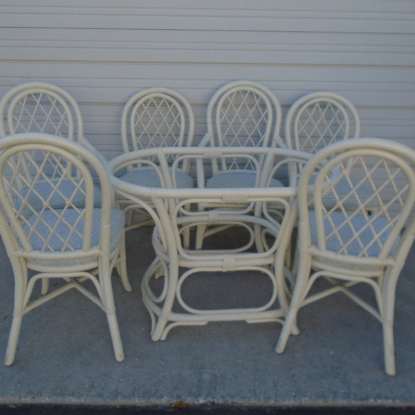 Trellis Set 6 Bamboo Chairs Rattan + Table Patio Porch Hollywood Regency Wicker Beach Cottage Coastal Tropical Dining Retro Trellis