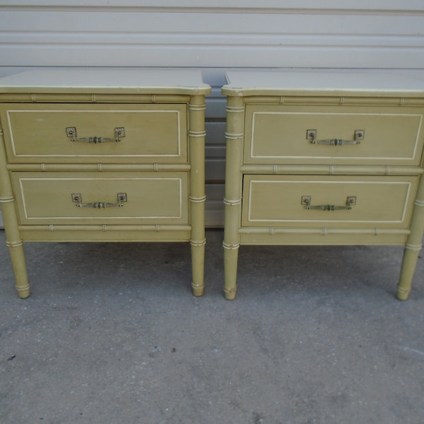 Pair Faux Bamboo Nightstands Real Henry Link Bali Hai Hollywood Regency Palm Beach Boho Mid-century Bed Table Cottage 2 Glam Sage Green