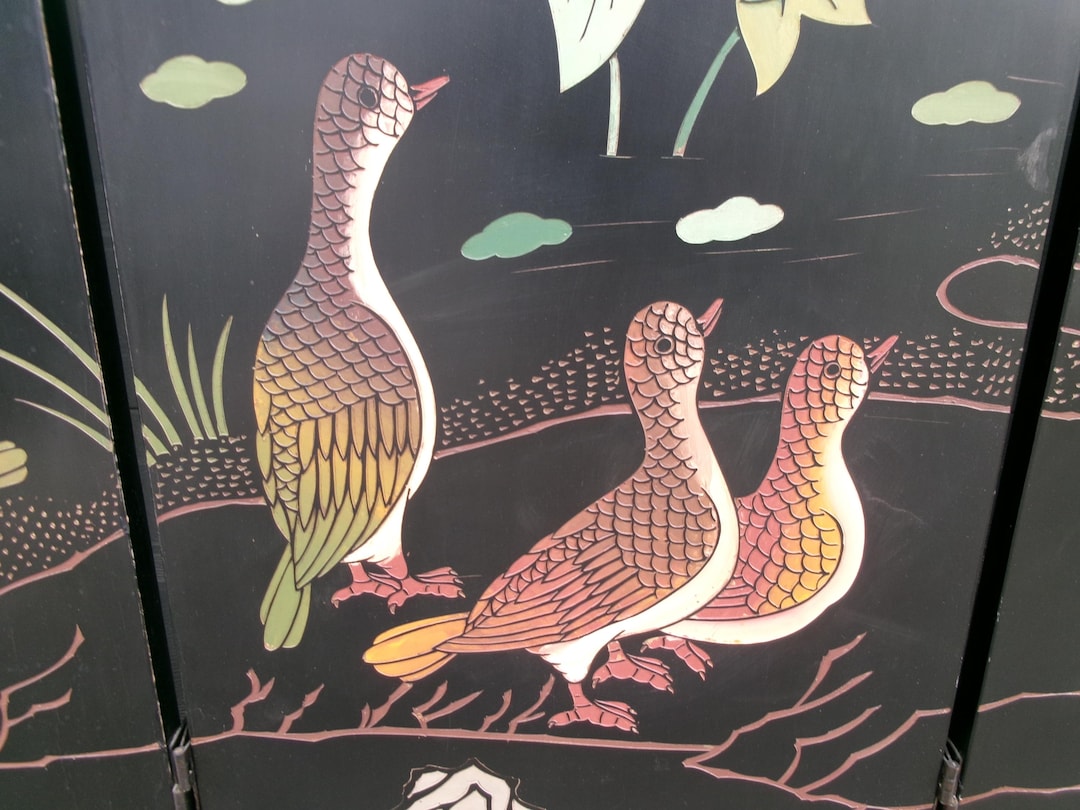 Asian Screen Room Divider Birds Ducks Goose Lotus Japanese Chinoiserie ...
