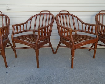 Cool PAIR Bamboo Chairs Handle Arms Barrel Palm Beach Retro Spindles Hollywood Regency Rattan Vintage Boho Tube Game 2 Dining Baker STY Two