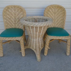 Bamboo Dining Set 2 Chairs + Table Thick Wicker Rattan Dinette Game Hollywood Regency Patio Beach Coastal Tropical Islands Florida Cottage