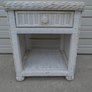 White Wicker Nightstand Cottage Rattan Bed side Table Commode Tropical Cottage Coastal Nautical Farm Island Beach Regency Boho Shabby chic