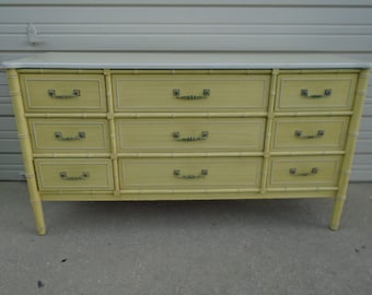 Real Henry Link Faux Bamboo Triple Dresser Regency Bali Hai Bureau 9 drawers Palm Beach Coastal Credenza Boho Yellow Baby Changing Table