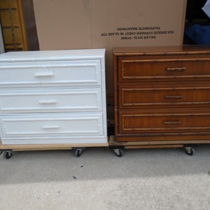 Pair Faux Bamboo wide Bachelor chest of 3 drawers Dixie Aloha Dressers Large Nightstands Hollywood Regency Beach 2 Bed Tables Boho Cabinets