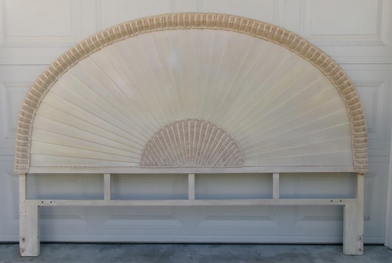 Sunrise King size Headboard Circle Wicker Rattan Sunburst Regency Bamboo Cottage Beach Coastal Tropical Art Deco West Indies louver Shutter