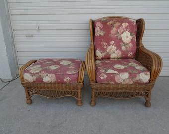 Bamboo Wingback Chair + ottoman Braxton Culler Peacock Rattan Wicker Hollywood Regency Palm Beach Lounge Club Cottage Beach Ears Library