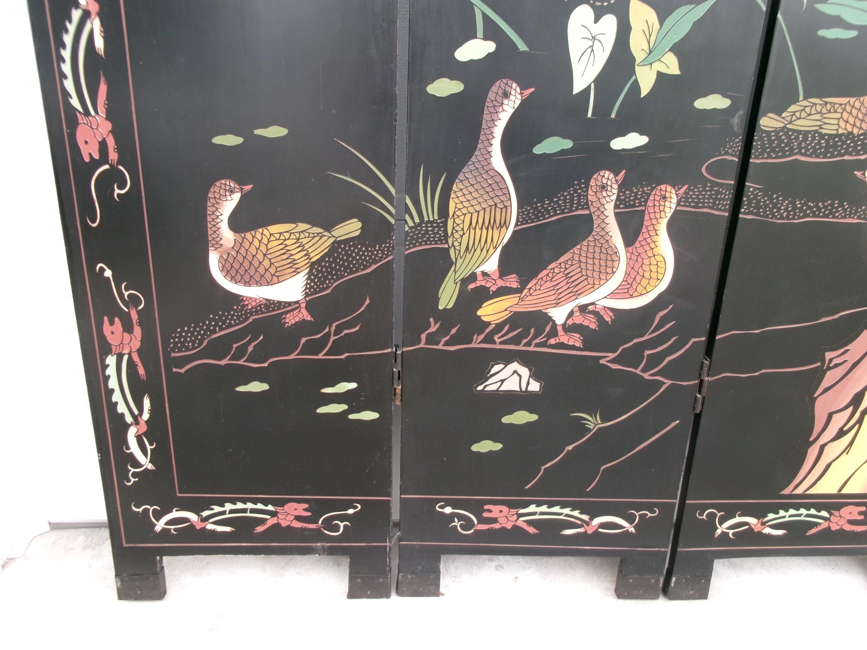 Asian Screen Room Divider Birds Ducks Goose Lotus Japanese Chinoiserie ...