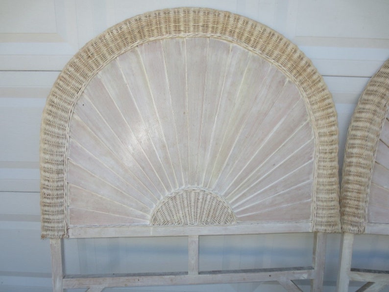Pair Wicker Twin Size Headboard Nautical Side Louver Shutter Rattan 2 Hollywood Regency Cottage Coastal White Ratton Tropical Palm Beach