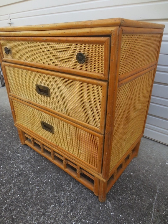 Bamboo Bachelor Chest Of 3 Drawers Rattan Cane Hollywood Etsy