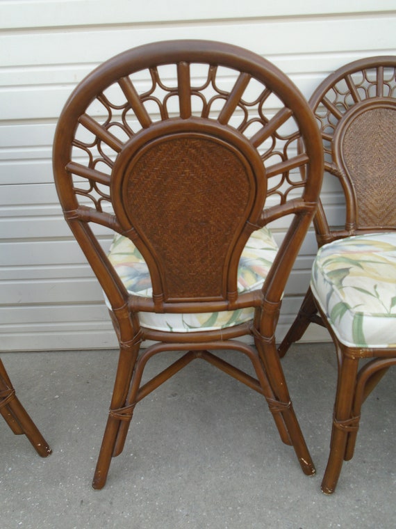 Set 4 Bamboo Dining Chairs Fretwork Sunburst Hollywood Regency